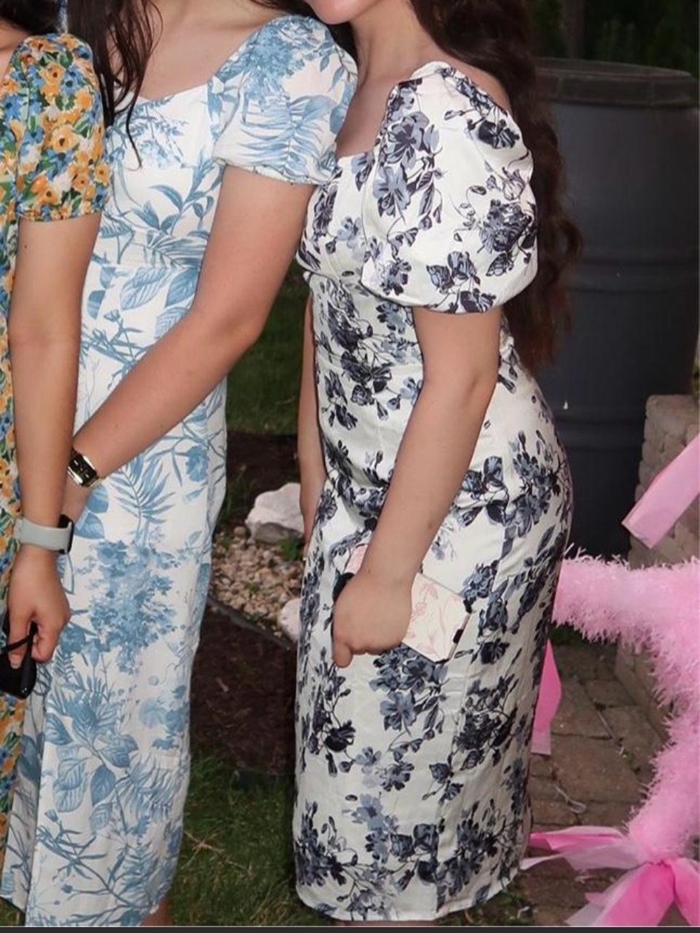 Rihoas White Puff-Sleeve Floral Midi Dress - Blue Floral Print